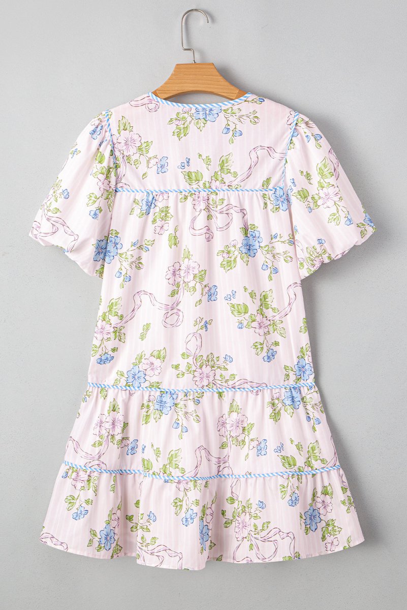 Pink Floral Striped Print Contrast Trim Tie Split Neck Mini Dress - Love Salve 