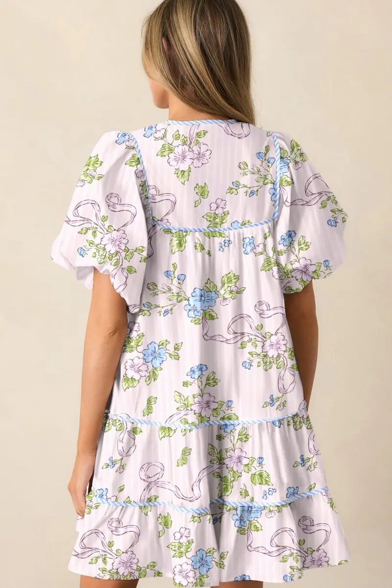 Pink Floral Striped Print Contrast Trim Tie Split Neck Mini Dress - Love Salve 