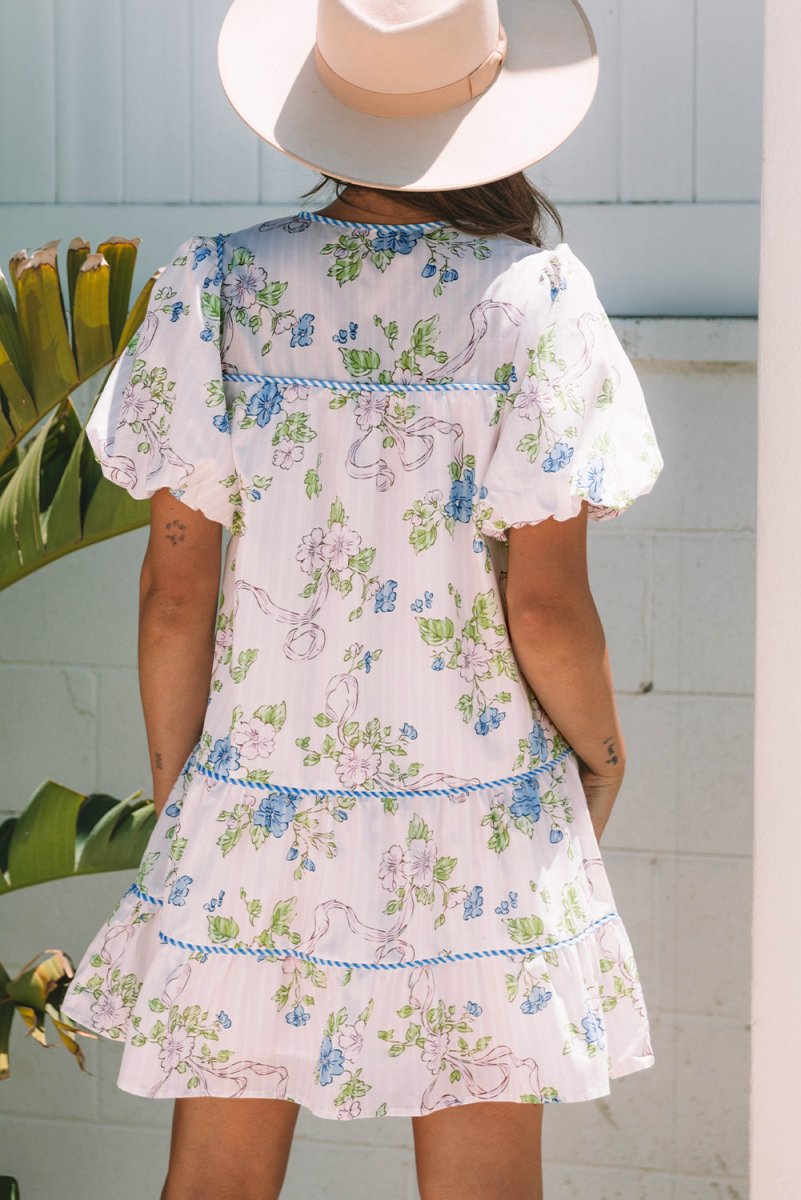 Pink Floral Striped Print Contrast Trim Tie Split Neck Mini Dress - Love Salve 