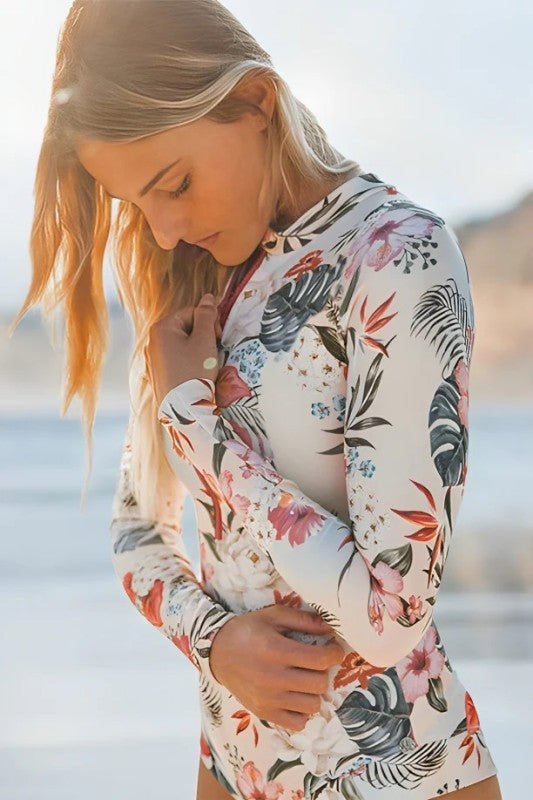 Pink Floral Zip Long Sleeve UPF50 Rash Guard for Sun Protection - Love Salve 