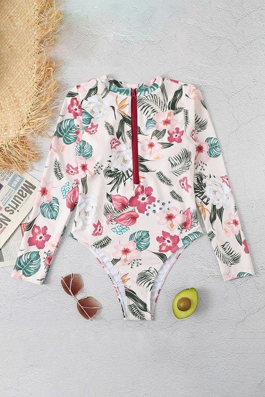 Pink Floral Zip Long Sleeve UPF50 Rash Guard for Sun Protection - Love Salve 