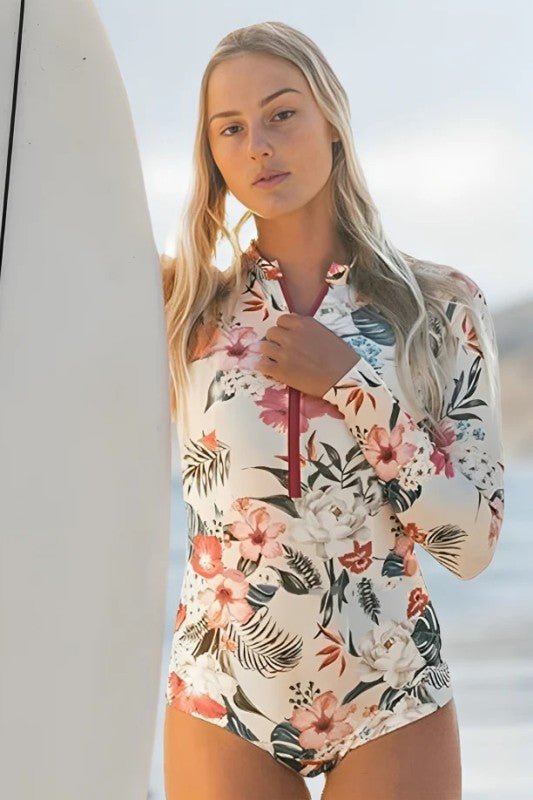 Pink Floral Zip Long Sleeve UPF50 Rash Guard for Sun Protection - Love Salve 