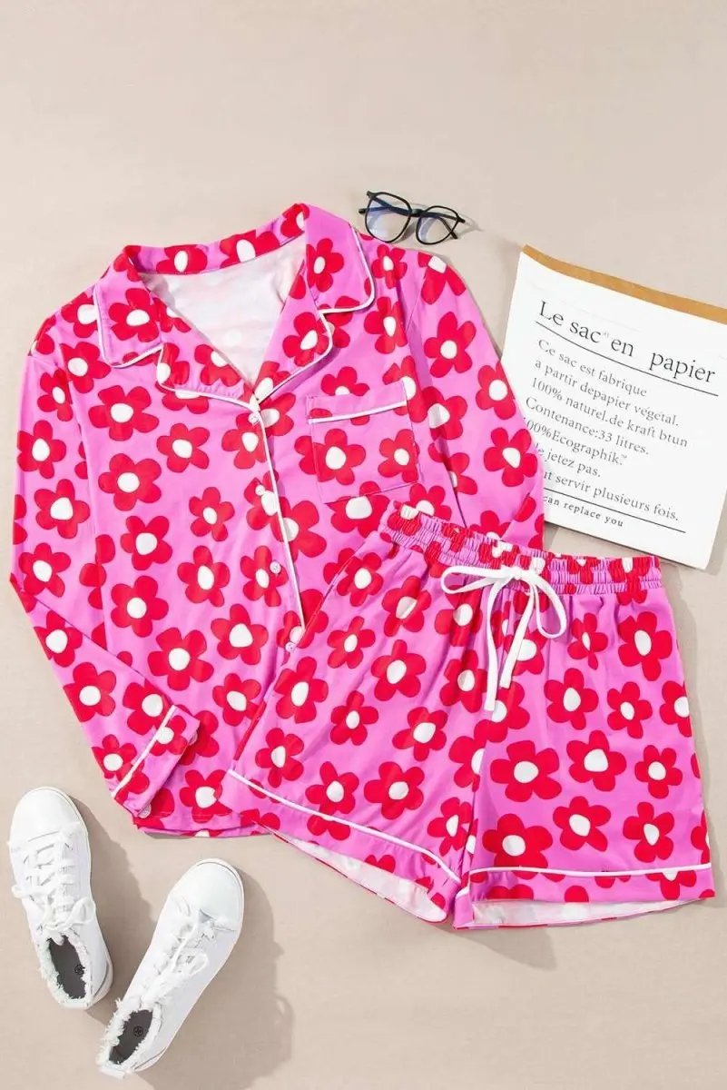 Pink Flower Print Long Sleeve Shirt Shorts Pajamas Set - Love Salve 