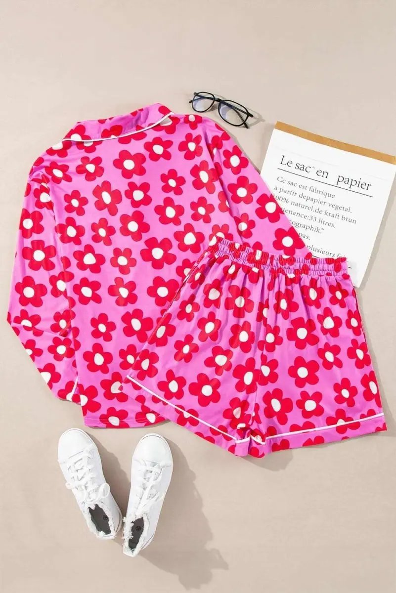 Pink Flower Print Long Sleeve Shirt Shorts Pajamas Set - Love Salve 