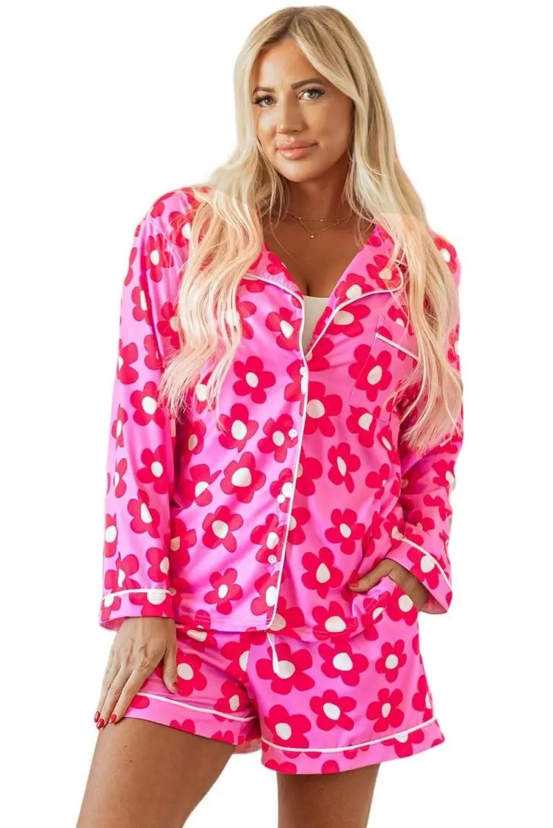 Pink Flower Print Long Sleeve Shirt Shorts Pajamas Set - Love Salve 