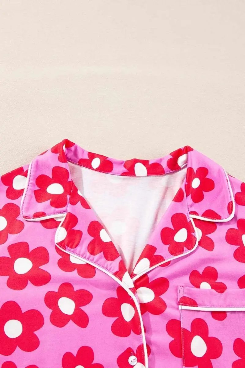 Pink Flower Print Long Sleeve Shirt Shorts Pajamas Set - Love Salve 