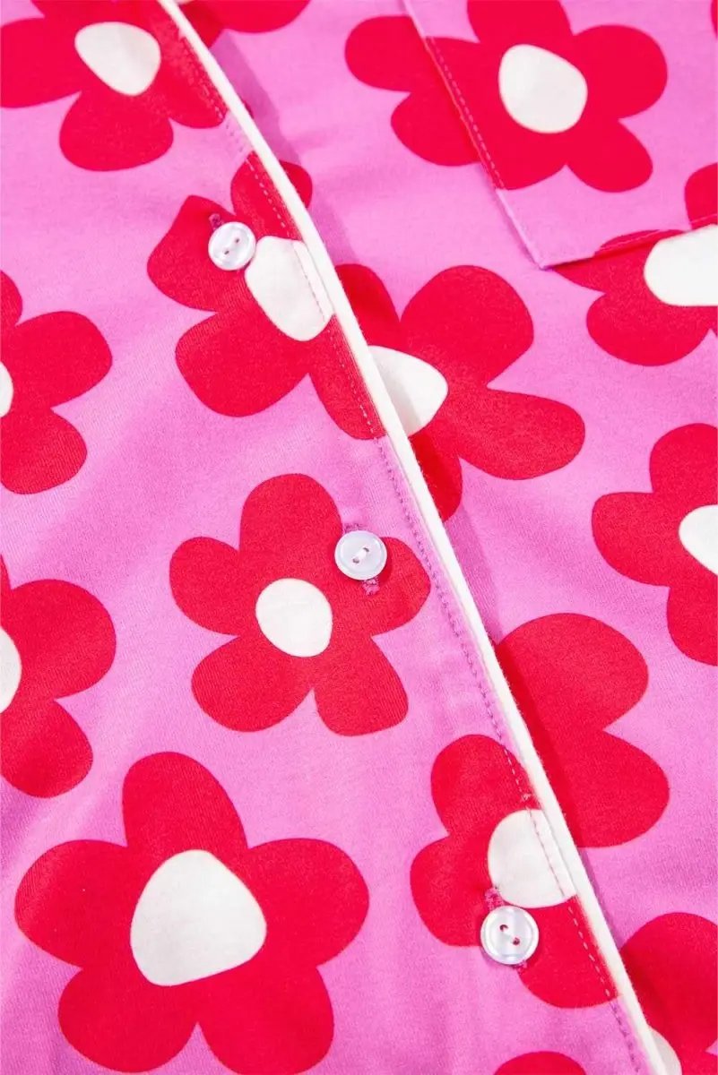 Pink Flower Print Long Sleeve Shirt Shorts Pajamas Set - Love Salve 