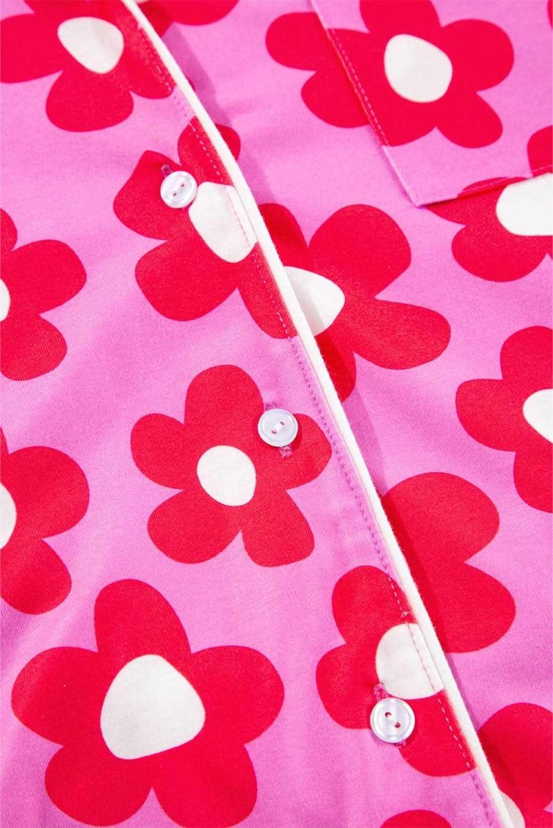 Pink Flower Print Long Sleeve Shirt Shorts Pajamas Set - Love Salve 