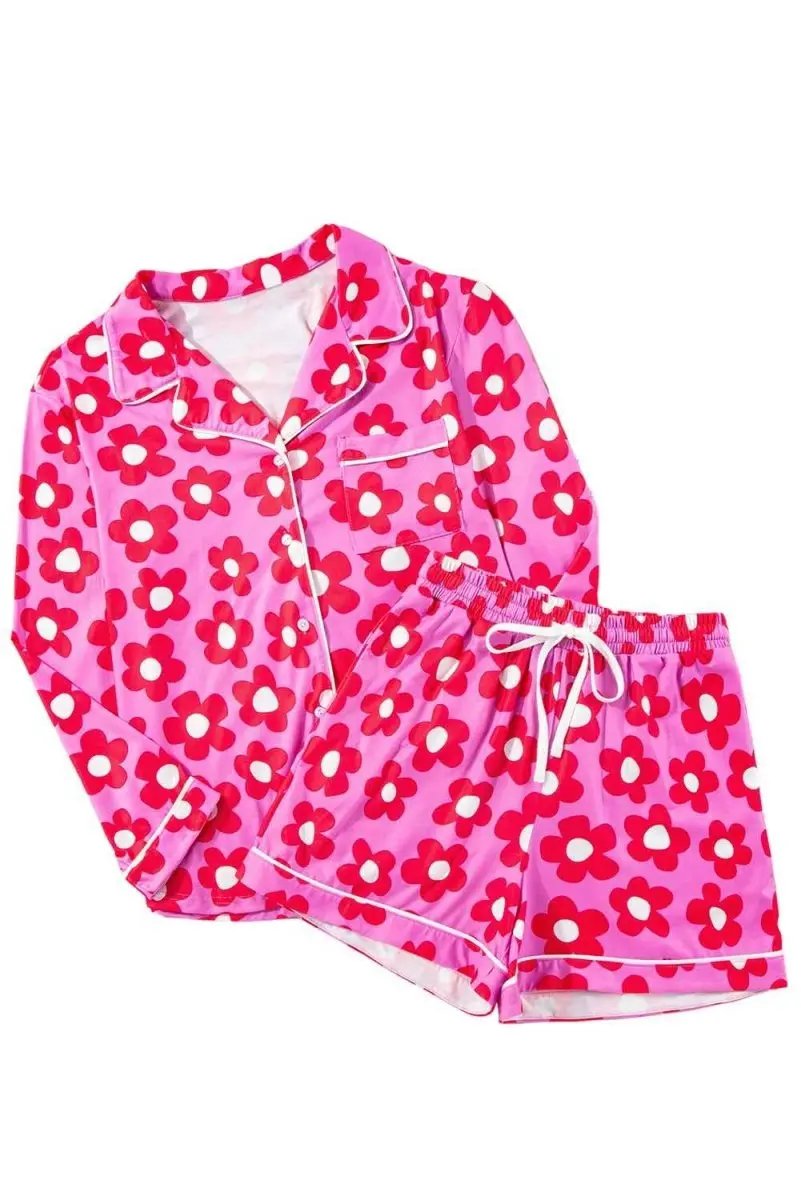 Pink Flower Print Long Sleeve Shirt Shorts Pajamas Set - Love Salve 