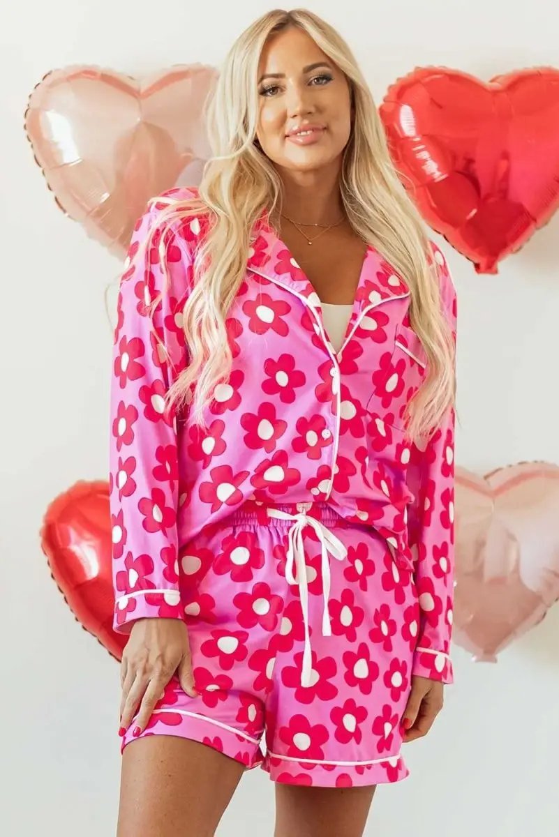 Pink Flower Print Long Sleeve Shirt Shorts Pajamas Set - Love Salve 