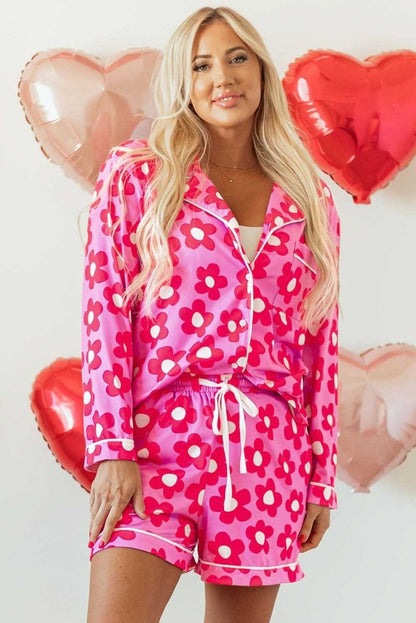 Pink Flower Print Long Sleeve Shirt Shorts Pajamas Set - Love Salve 