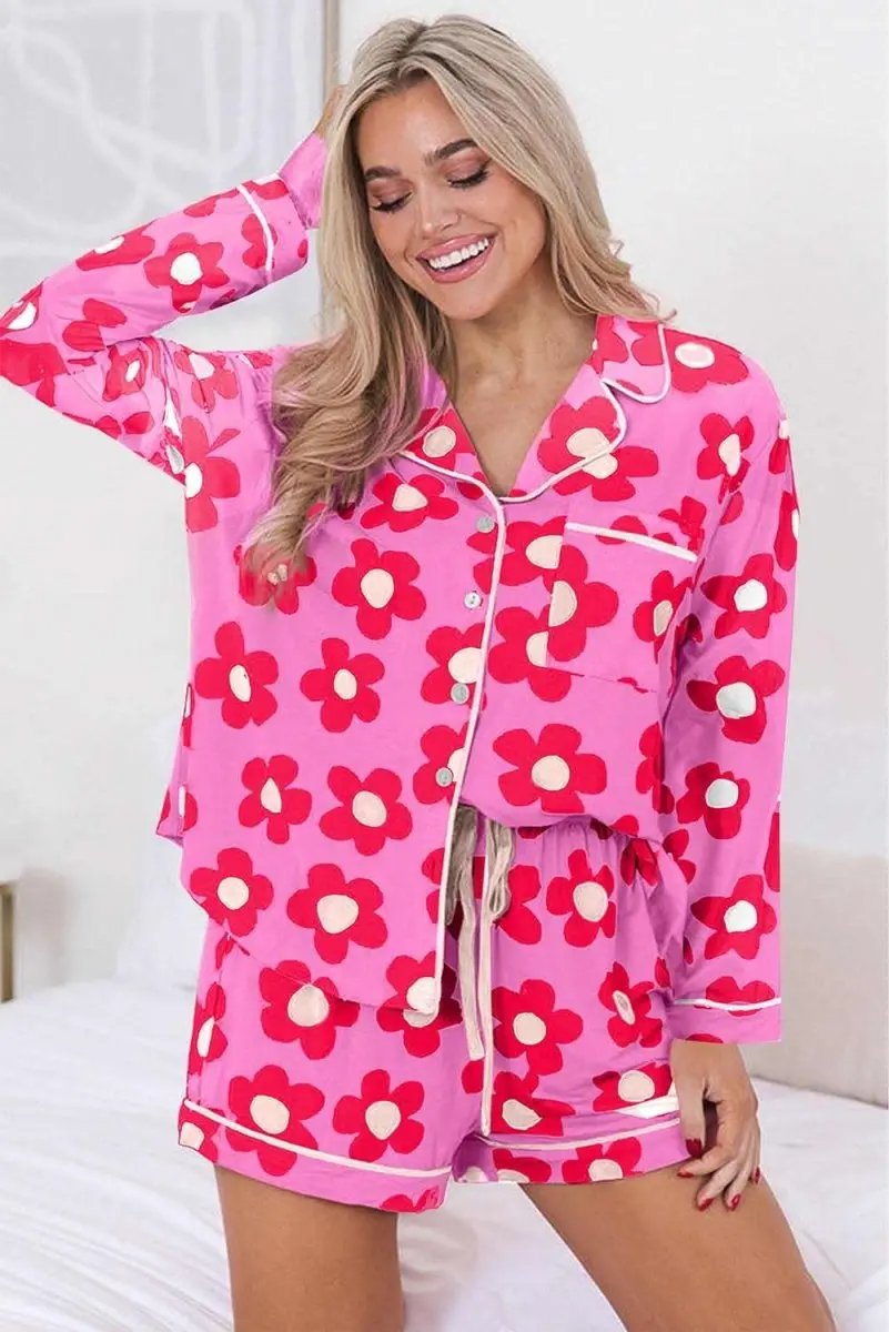 Pink Flower Print Long Sleeve Shirt Shorts Pajamas Set - Love Salve 