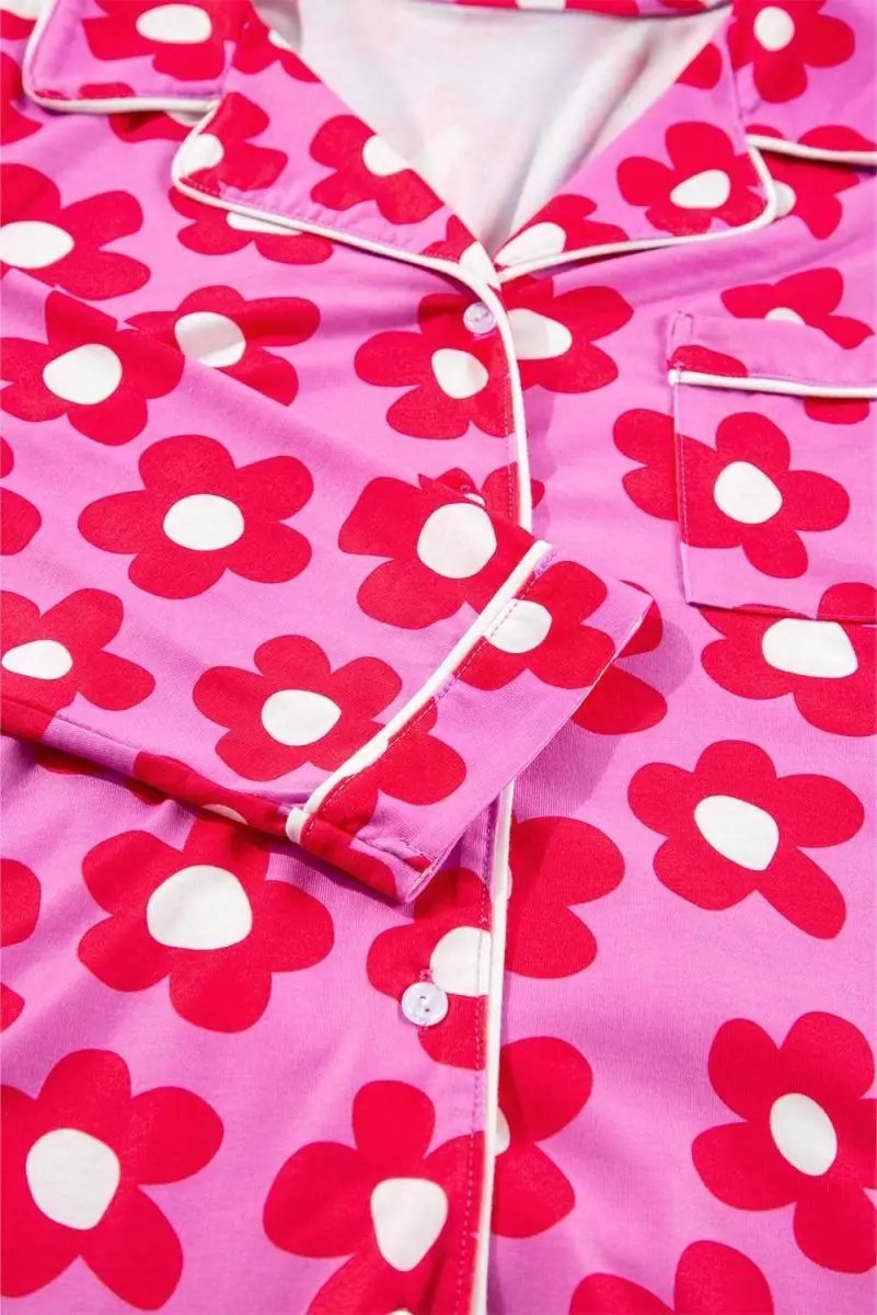 Pink Flower Print Long Sleeve Shirt Shorts Pajamas Set - Love Salve 