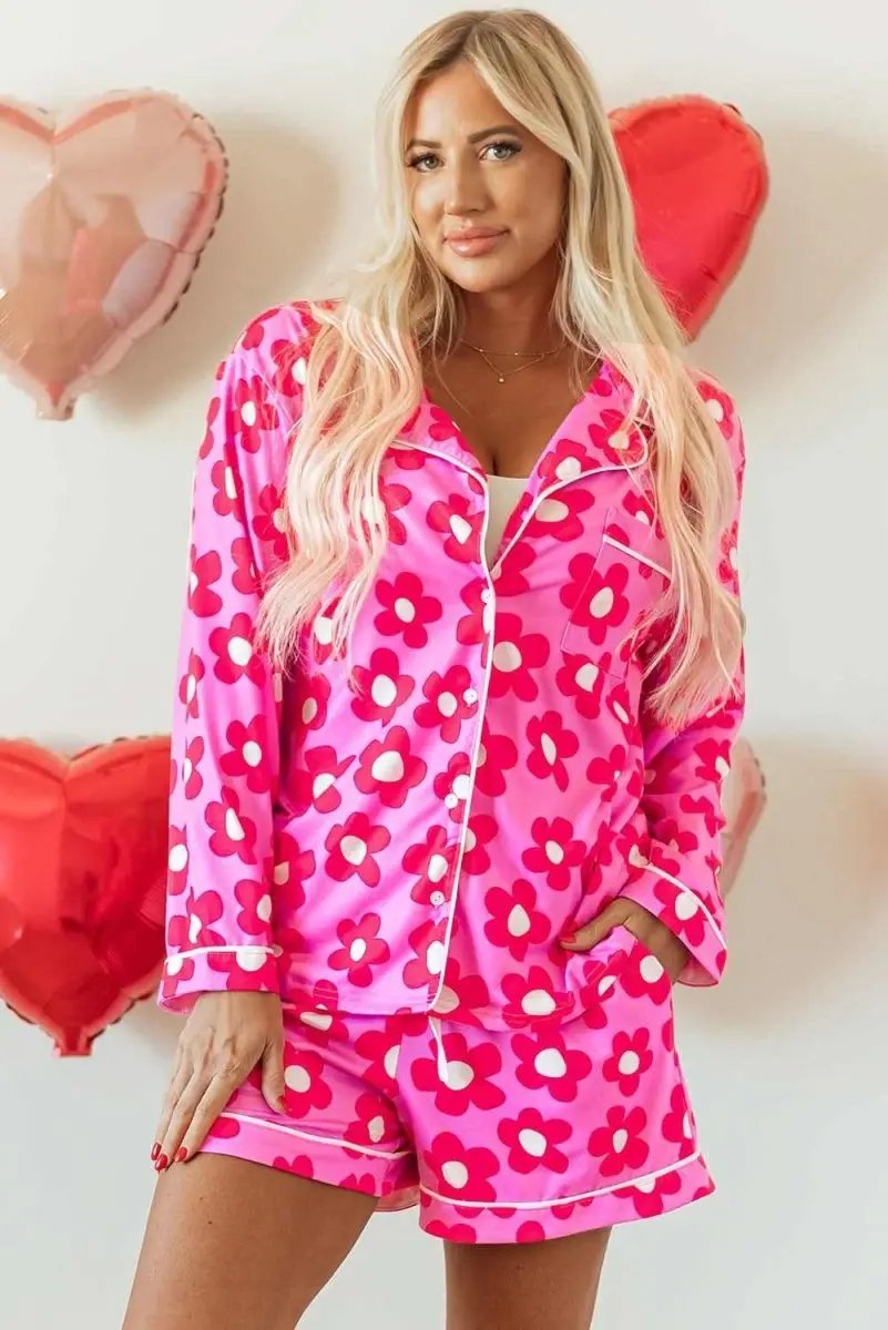 Pink Flower Print Long Sleeve Shirt Shorts Pajamas Set - Love Salve 