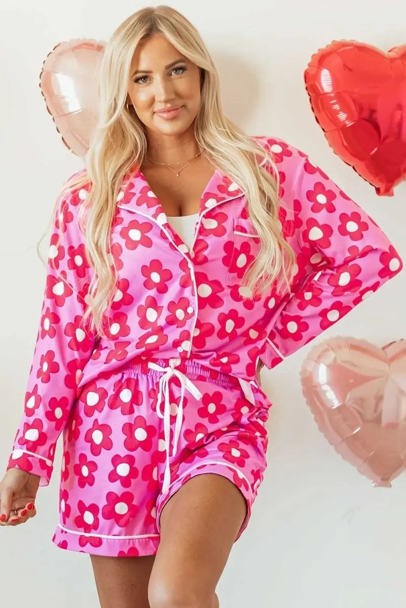 Pink Flower Print Long Sleeve Shirt Shorts Pajamas Set - Love Salve 