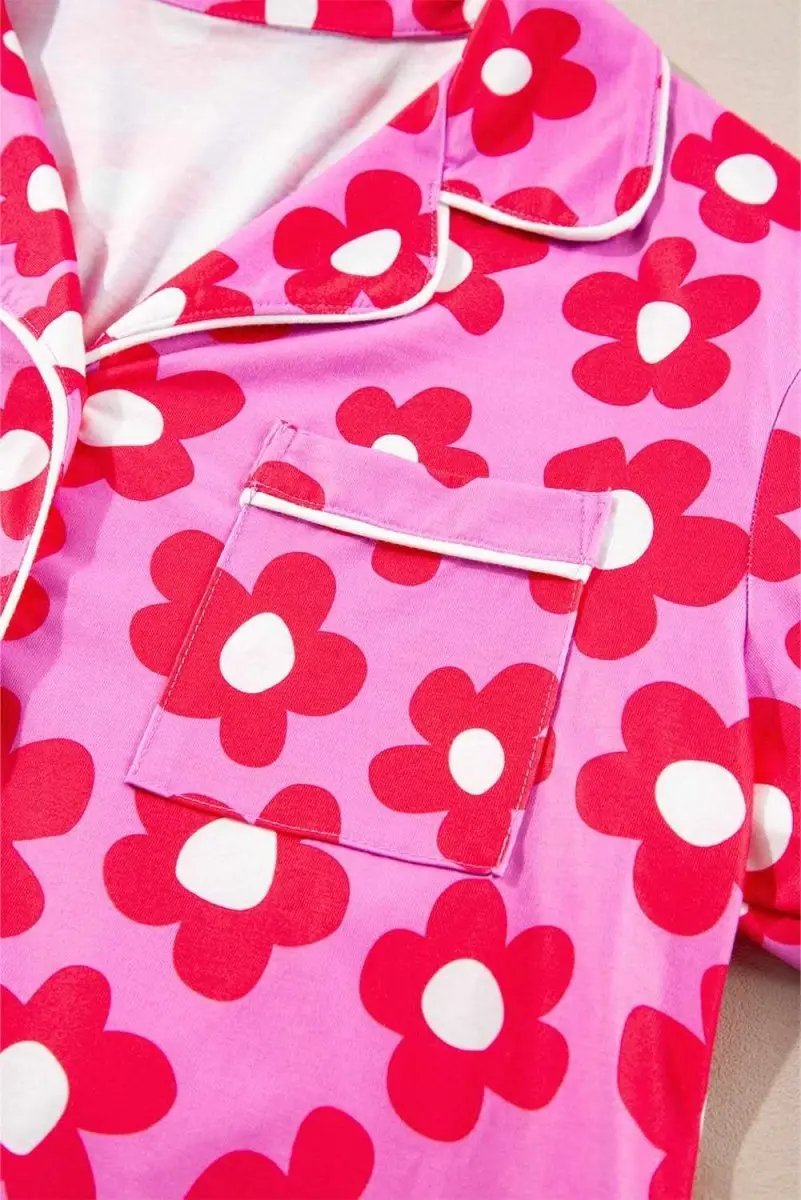 Pink Flower Print Long Sleeve Shirt Shorts Pajamas Set - Love Salve 