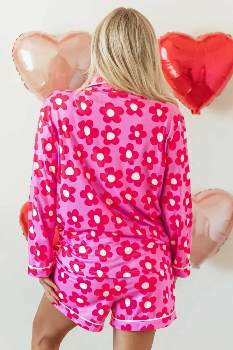 Pink Flower Print Long Sleeve Shirt Shorts Pajamas Set - Love Salve 
