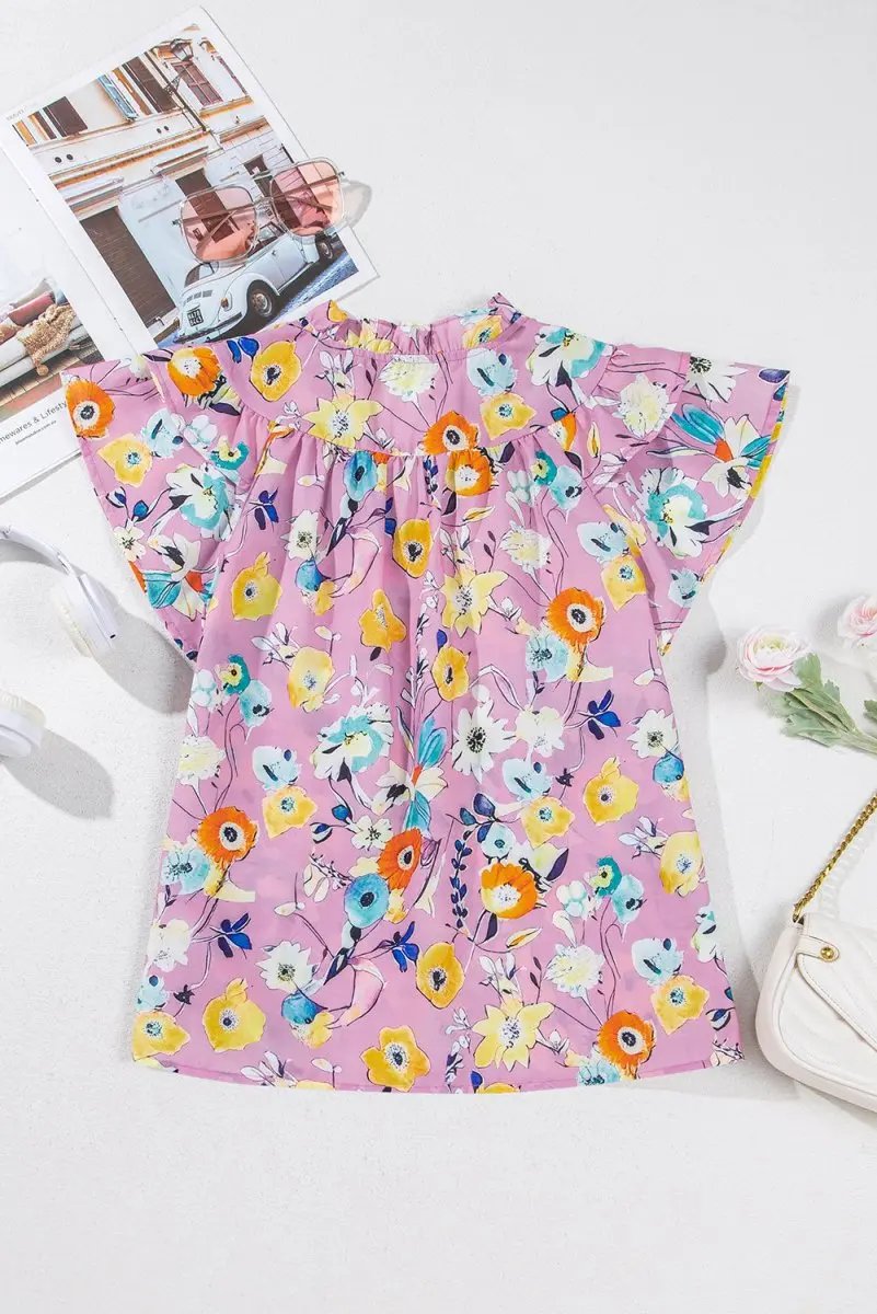 Pink Flutter Sleeve V Neck Floral Top for Women - Love Salve 