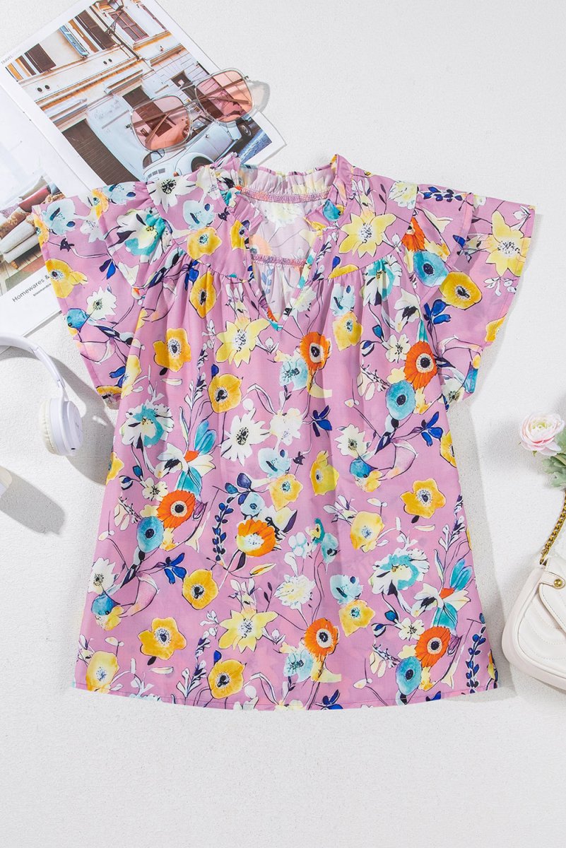 Pink Flutter Sleeve V Neck Floral Top for Women - Love Salve 