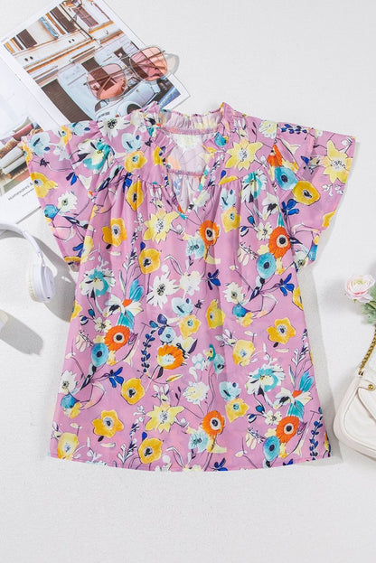 Pink Flutter Sleeve V Neck Floral Top for Women - Love Salve 