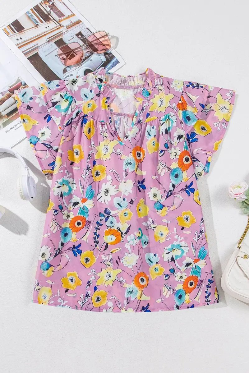 Pink Flutter Sleeve V Neck Floral Top for Women - Love Salve 