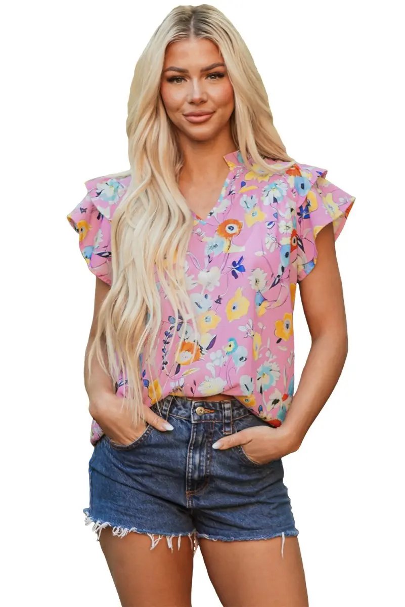 Pink Flutter Sleeve V Neck Floral Top for Women - Love Salve 