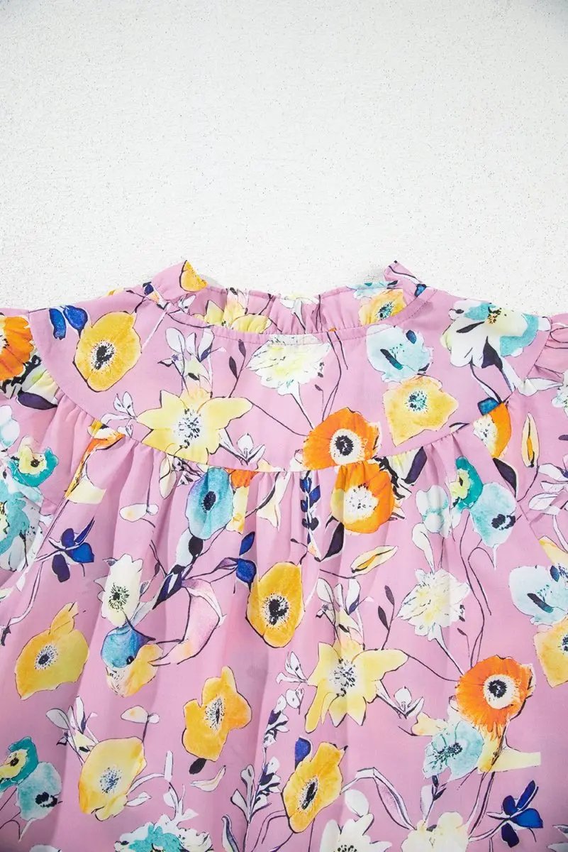 Pink Flutter Sleeve V Neck Floral Top for Women - Love Salve 