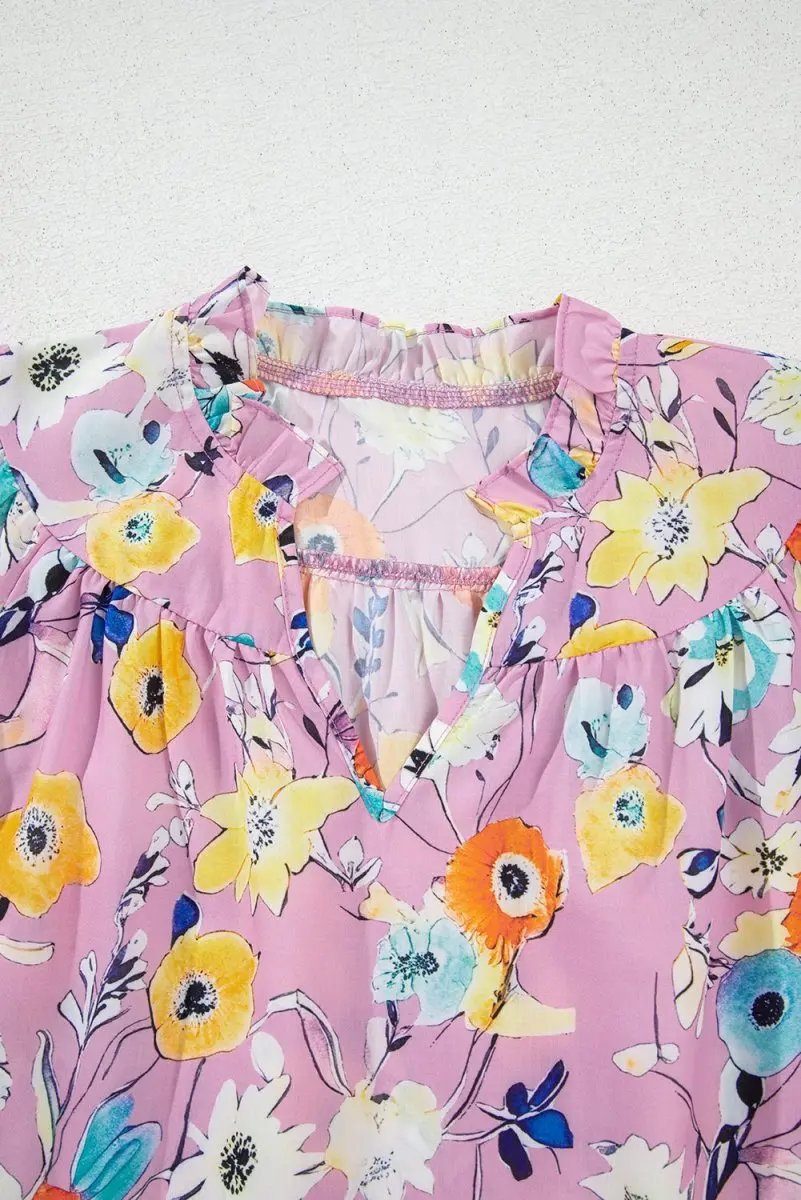 Pink Flutter Sleeve V Neck Floral Top for Women - Love Salve 