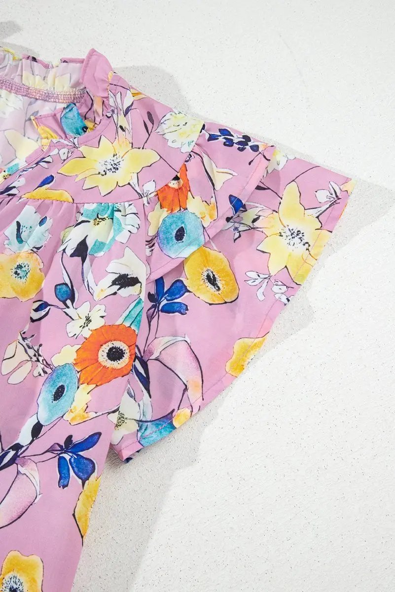 Pink Flutter Sleeve V Neck Floral Top for Women - Love Salve 