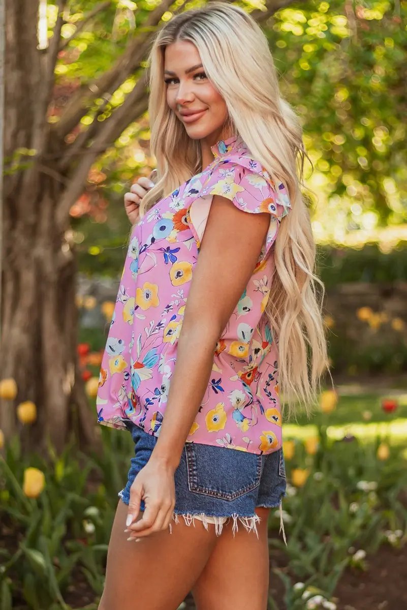 Pink Flutter Sleeve V Neck Floral Top for Women - Love Salve 