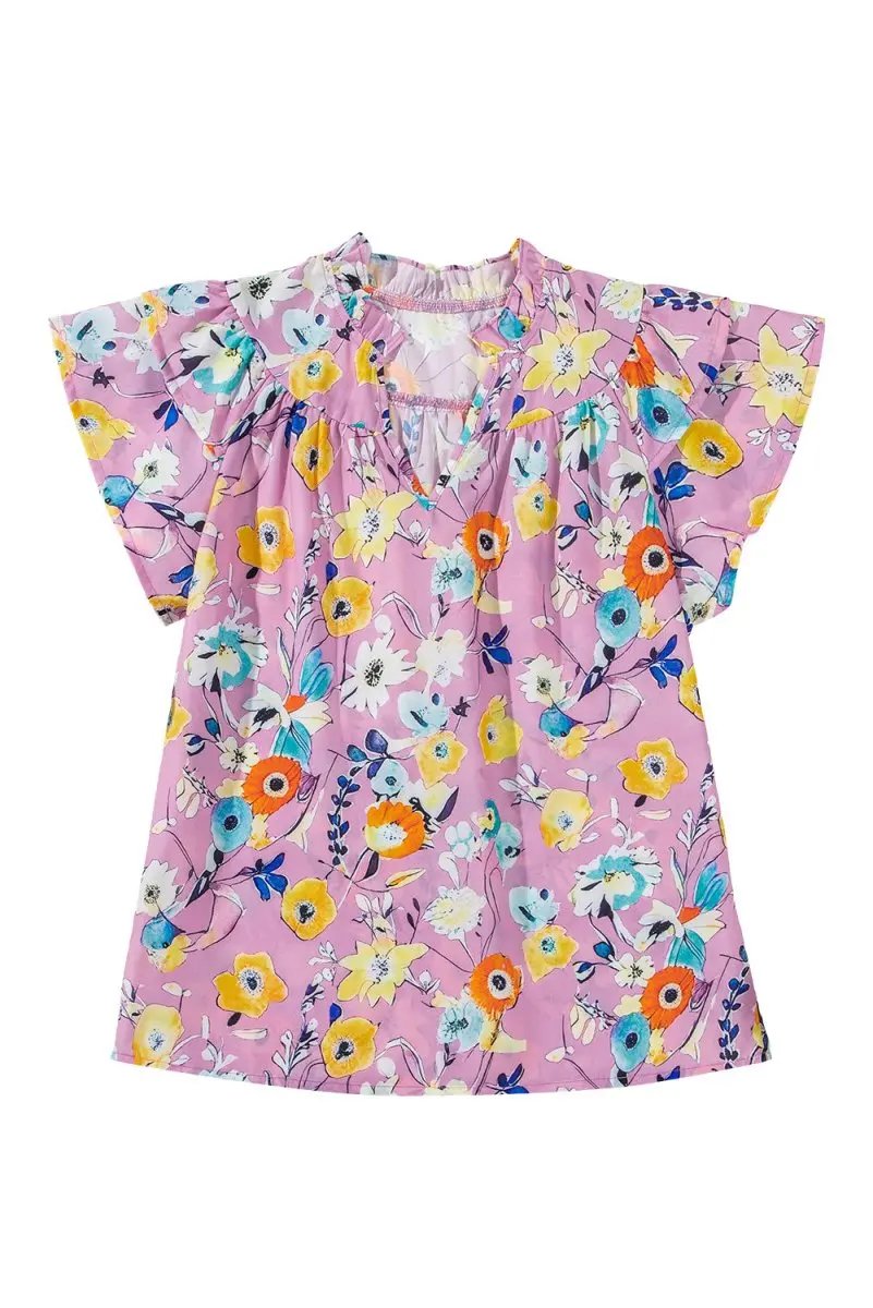 Pink Flutter Sleeve V Neck Floral Top for Women - Love Salve 