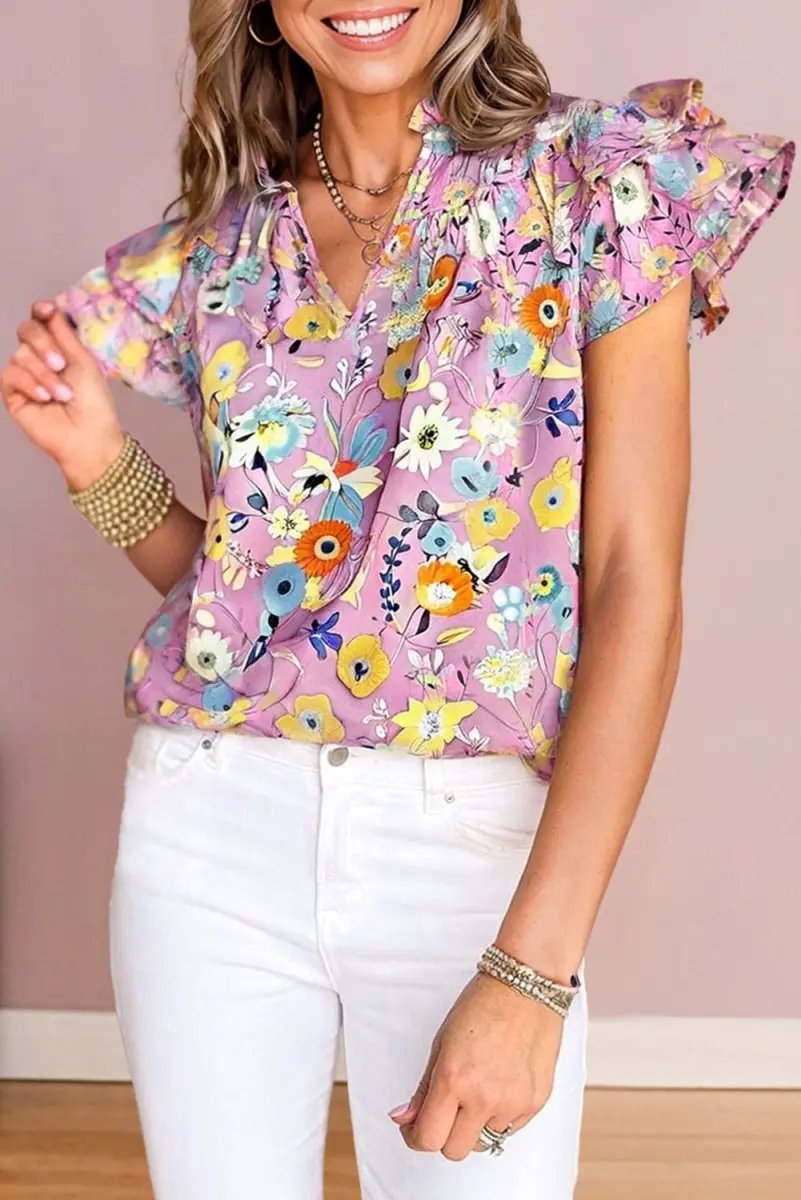 Pink Flutter Sleeve V Neck Floral Top for Women - Love Salve 