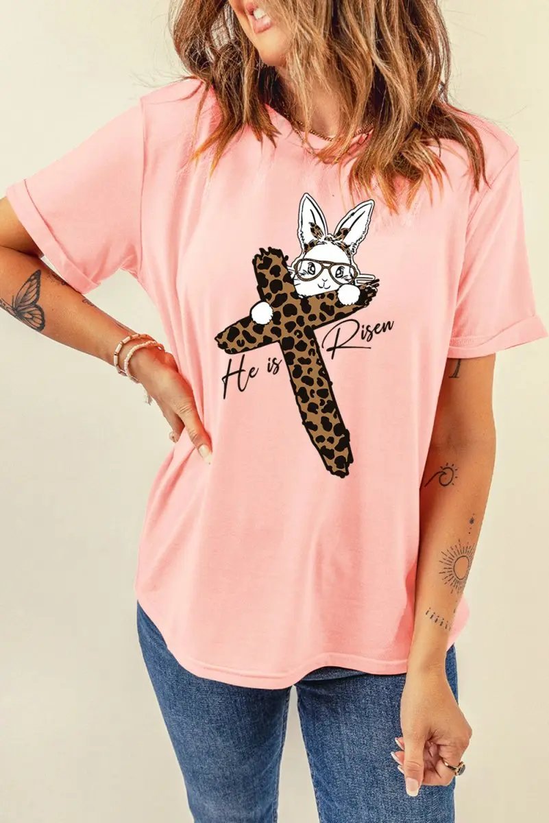 Pink He Is Risen Easter Bunny Leopard Cross Graphic Tee - Love Salve 