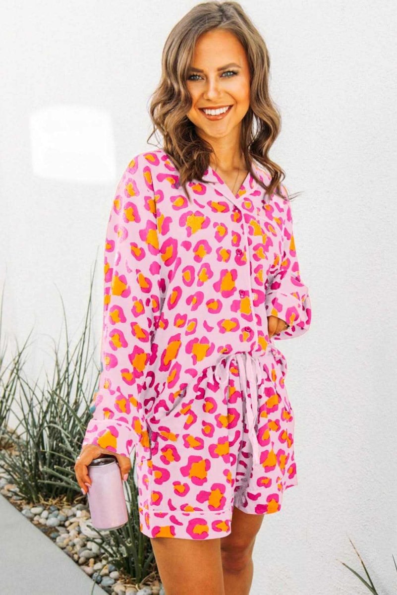Pink Leopard Print Long Sleeve Shirt and Shorts Pajama Set - Love Salve