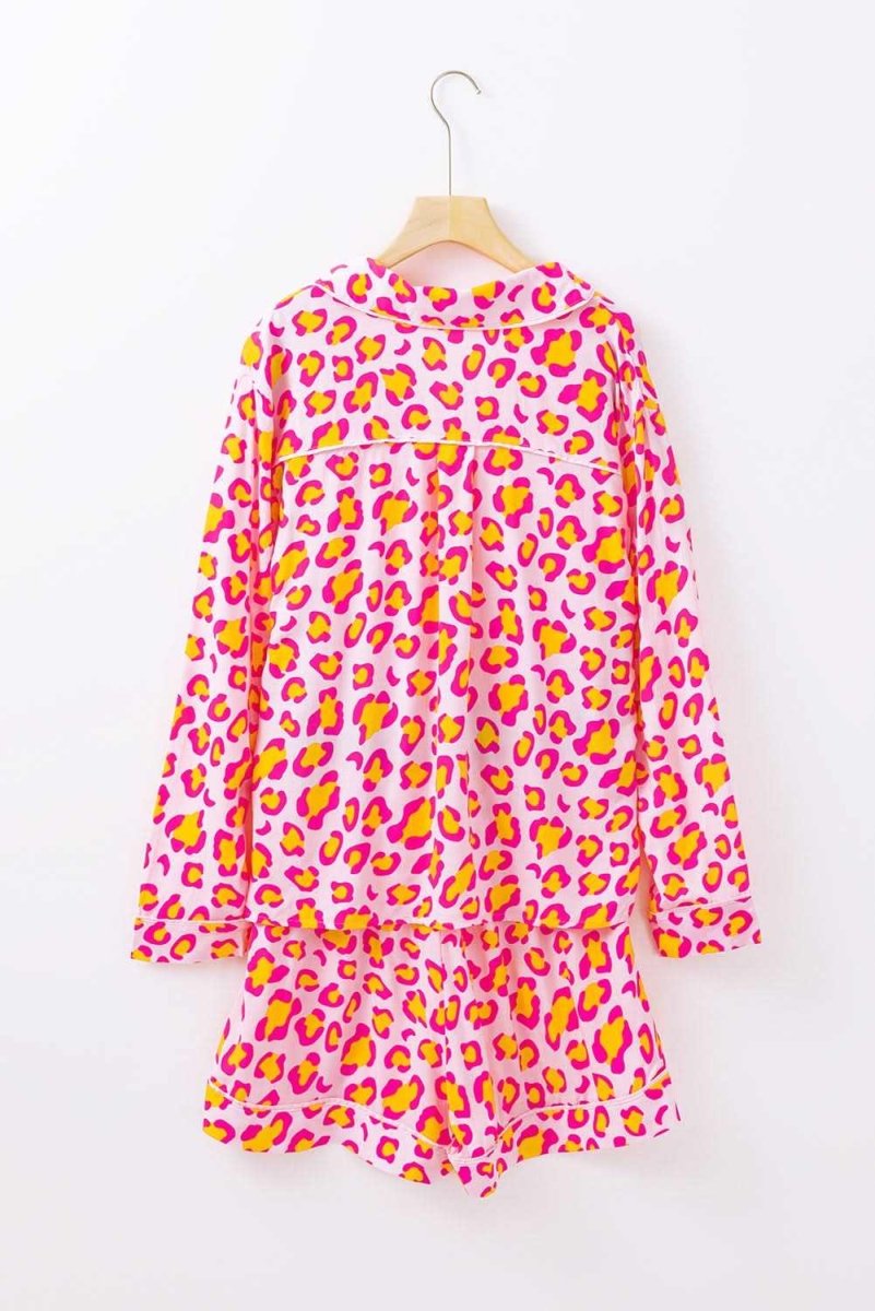 Pink Leopard Print Long Sleeve Shirt and Shorts Pajama Set - Love Salve