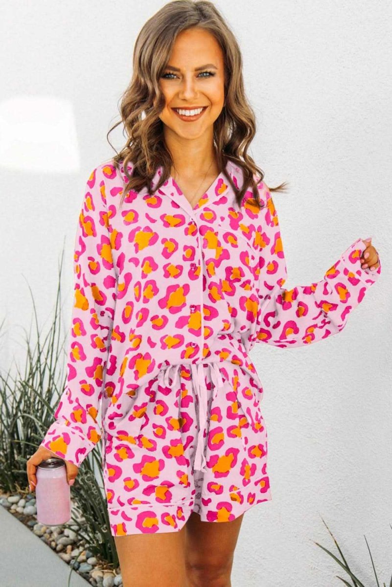 Pink Leopard Print Long Sleeve Shirt and Shorts Pajama Set - Love Salve