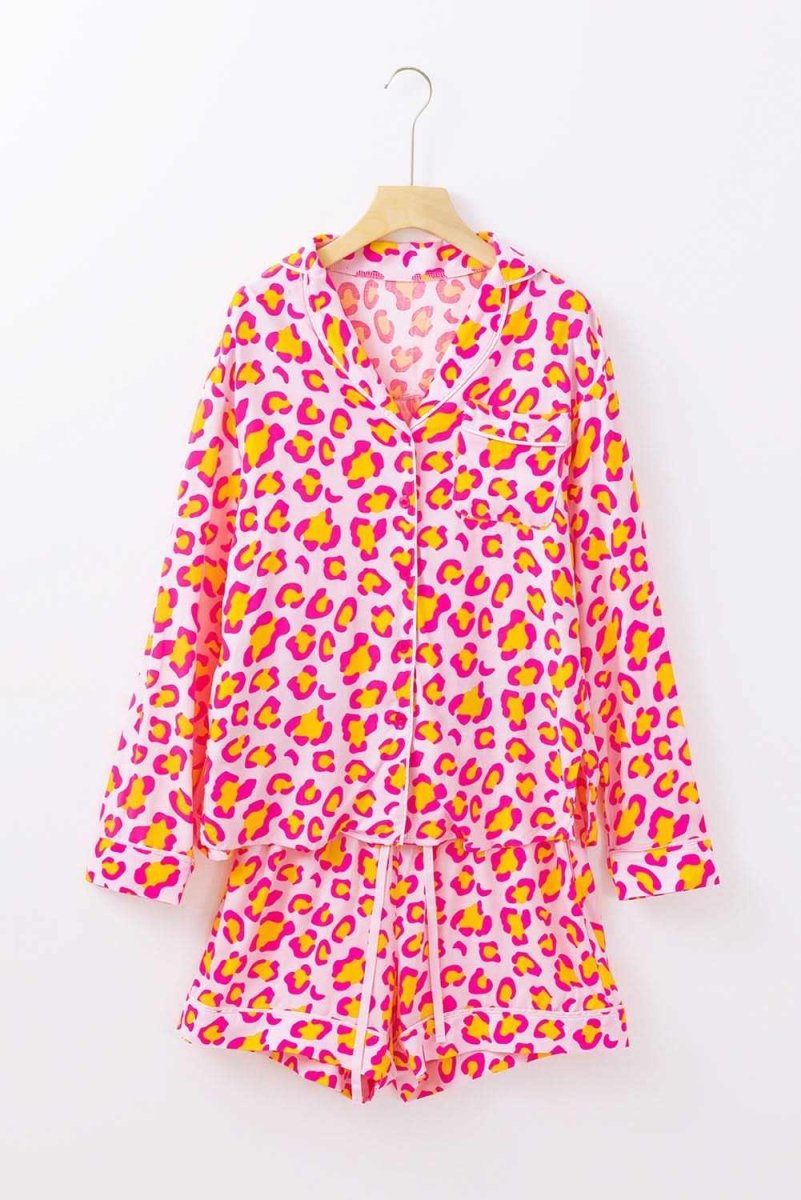 Pink Leopard Print Long Sleeve Shirt and Shorts Pajama Set - Love Salve