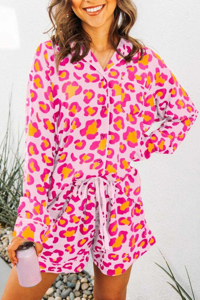 Pink Leopard Print Long Sleeve Shirt and Shorts Pajama Set - Love Salve