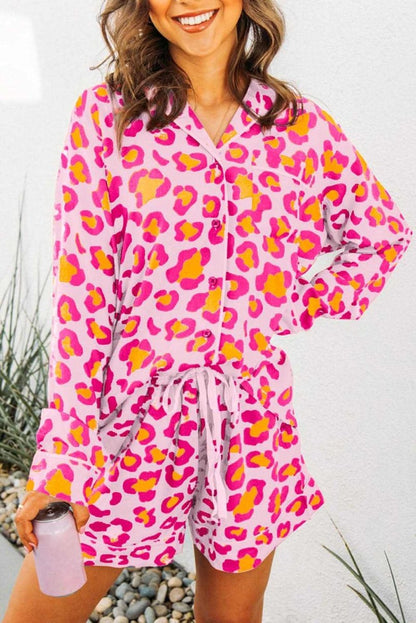 Pink Leopard Print Long Sleeve Shirt and Shorts Pajama Set - Love Salve