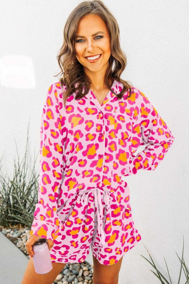 Pink Leopard Print Long Sleeve Shirt and Shorts Pajama Set - Love Salve