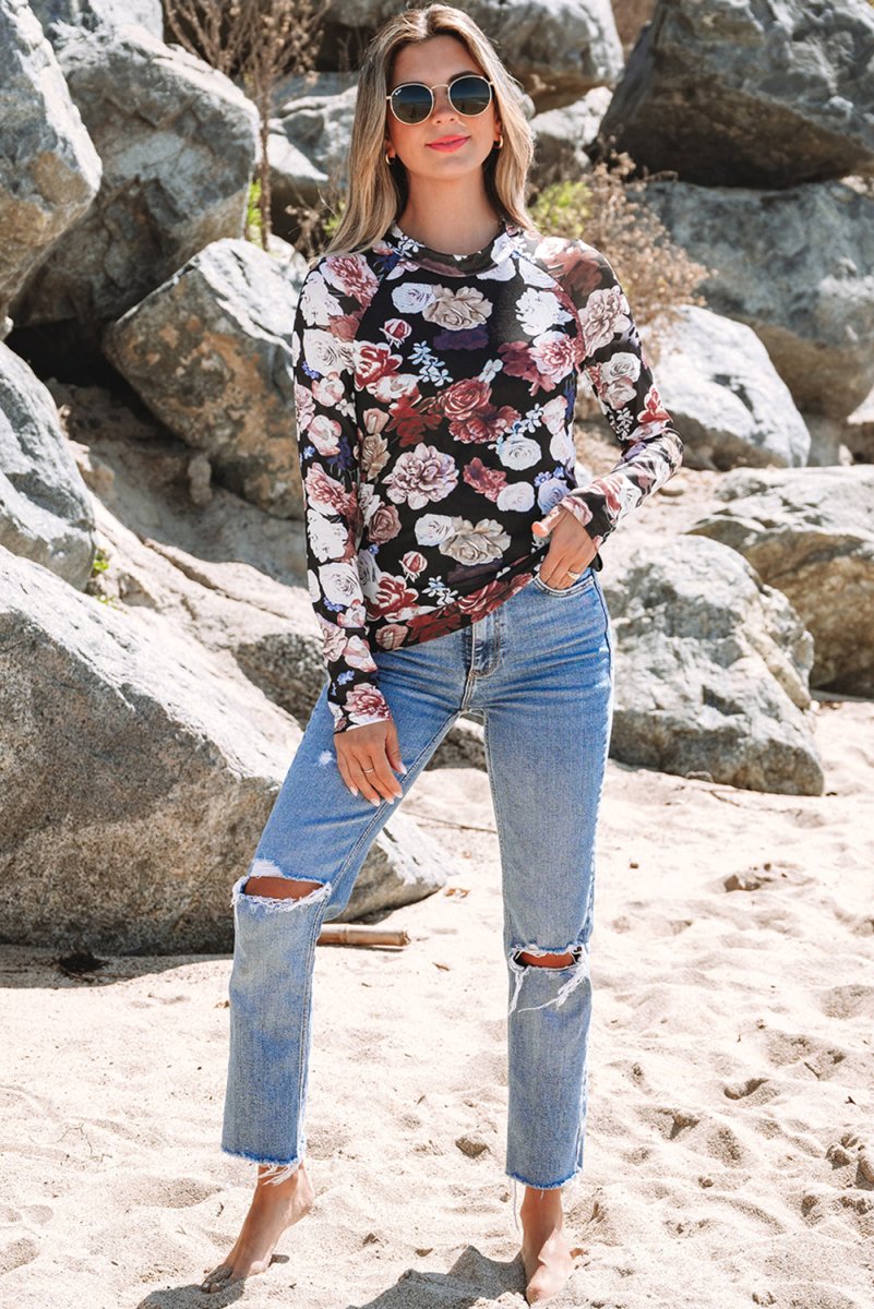 Pink Mesh Floral Print Mock Neck Long Sleeve Slim Top - Love Salve