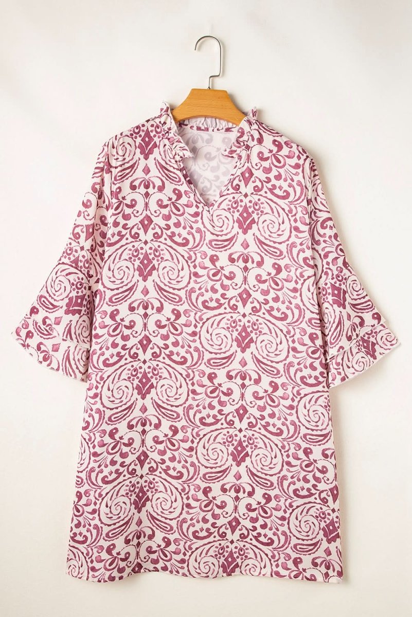 Pink Paisley Print Tiered 3/4 Sleeve Notched Neck Mini Dress - Love Salve 
