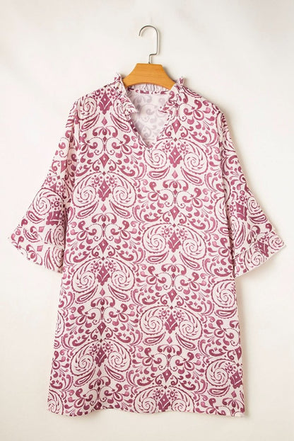 Pink Paisley Print Tiered 3/4 Sleeve Notched Neck Mini Dress - Love Salve 