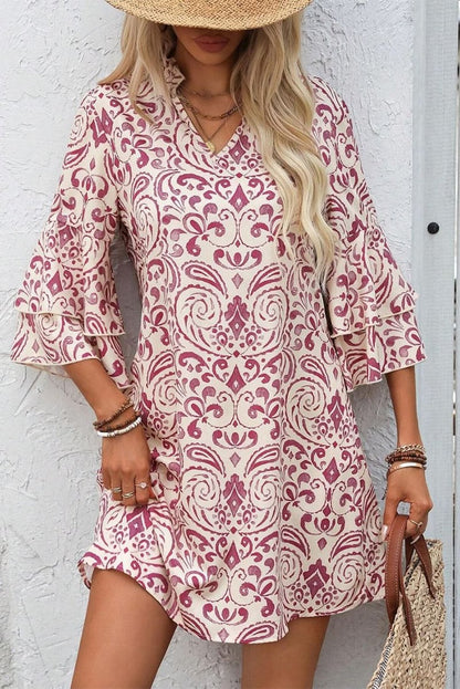 Pink Paisley Print Tiered 3/4 Sleeve Notched Neck Mini Dress - Love Salve 
