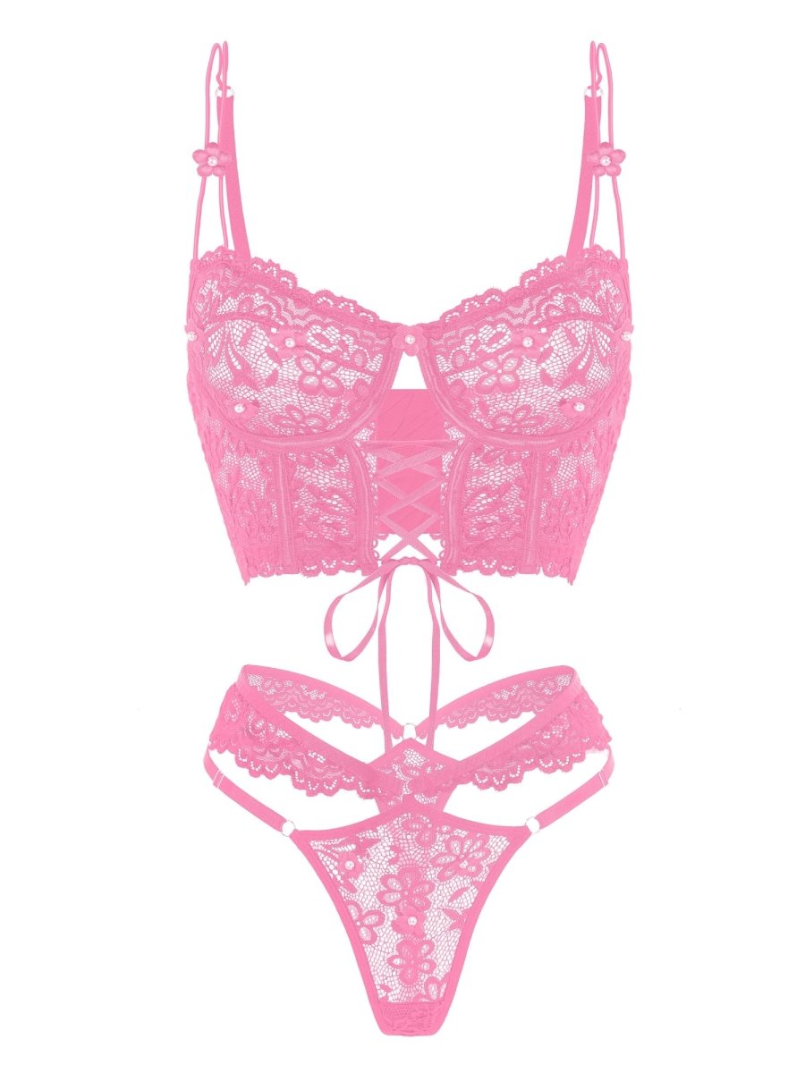 Pink Pearls Small Flower Lace Lingerie Set - Love Salve
