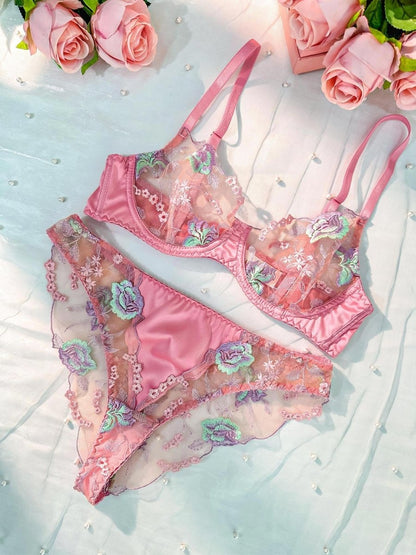 Pink Petals Embroidered Lingerie Set - Love Salve 