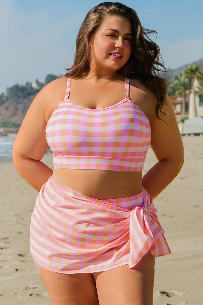 Pink Plus Size Plaid Print High Waist Bikini Set - Love Salve 