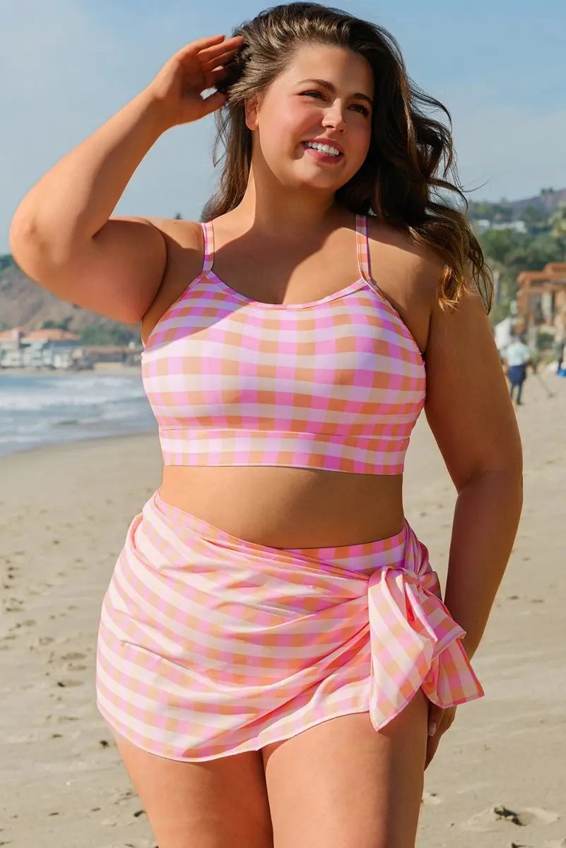 Pink Plus Size Plaid Print High Waist Bikini Set - Love Salve 
