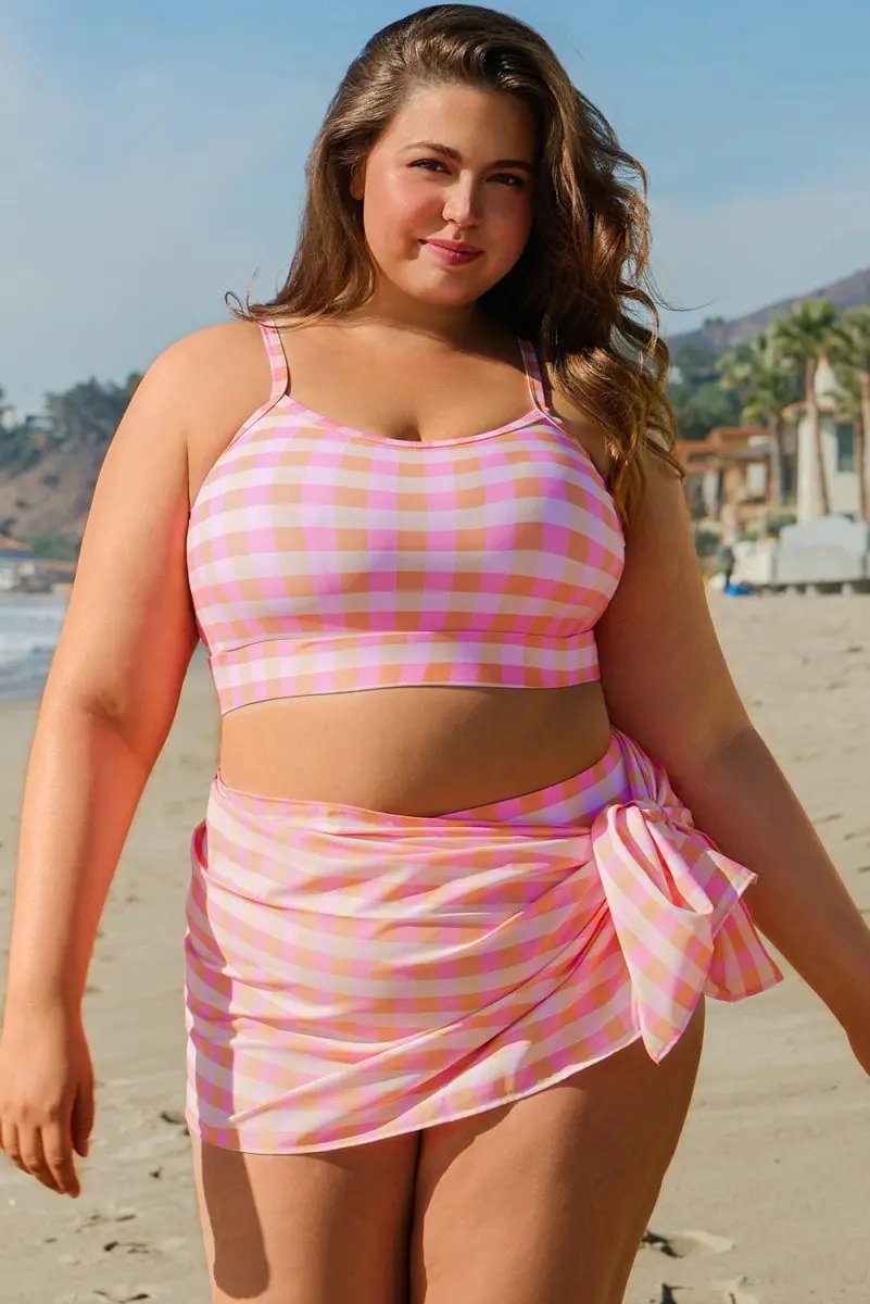 Pink Plus Size Plaid Print High Waist Bikini Set - Love Salve 