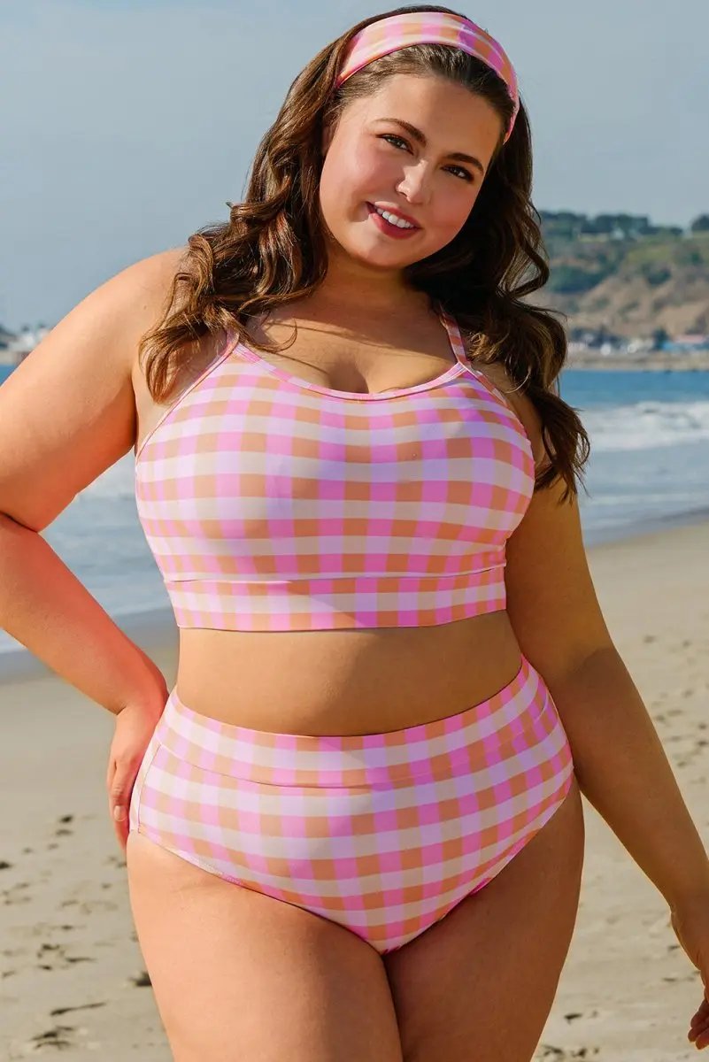 Pink Plus Size Plaid Print High Waist Bikini Set - Love Salve 
